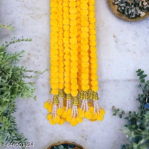 Artificial Yellow Marigold Flower Garland with Bell, 5 Feet, Pack of 5
