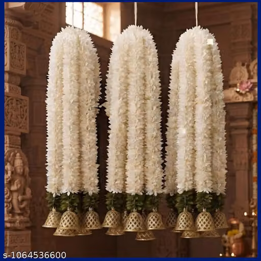 Artificial White Jasmine Mogra Garland with Golden Bell, 30 Inch, Pack of 5