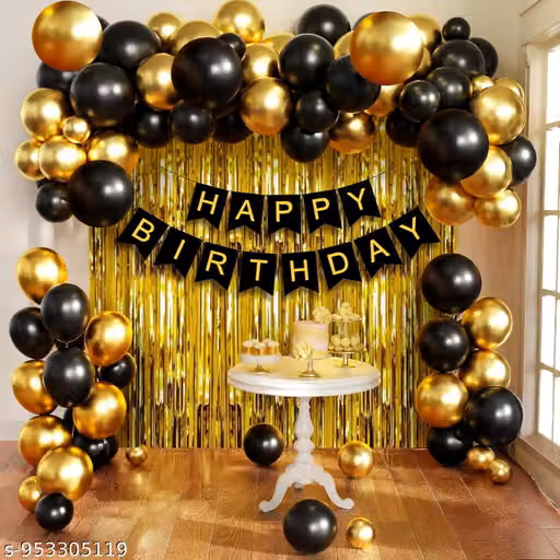 Happy Birthday Decoration Kit with Black & Gold Balloons, 46 Pieces