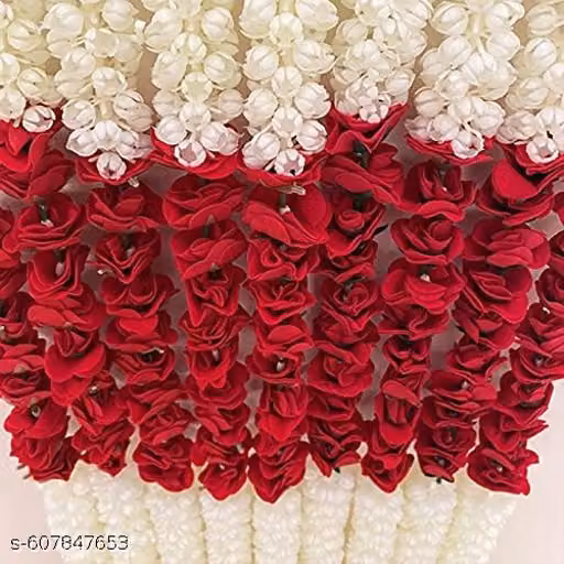 Artificial White Mogra Jasmine & Red Rose Garland Set of 4, 21 Roses