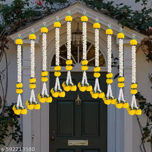 Artificial Marigold & Tuberose Rajnigandha Garland, Yellow & White, Pack of 10