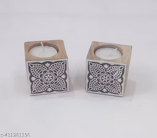 Wooden Carved Tealight Candle Holders Set of 2