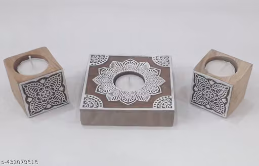 Wooden Carved Tealight Candle Holders Set of 3