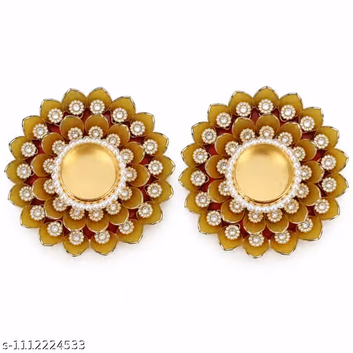 Yellow Floral Tealight Candle Holders with Pearl & Stone Decoration Set of 2