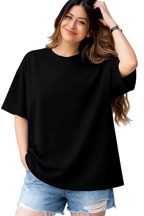 Women’s Oversized Cotton T-Shirt – Plain Drop Shoulder Plus Size Tee