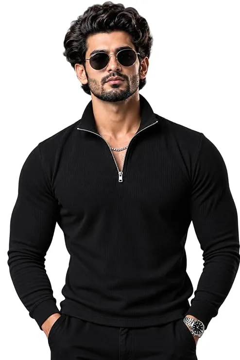 Men’s Ribbed Cotton Blend High Neck Half-Zip Full Sleeve T-Shirt