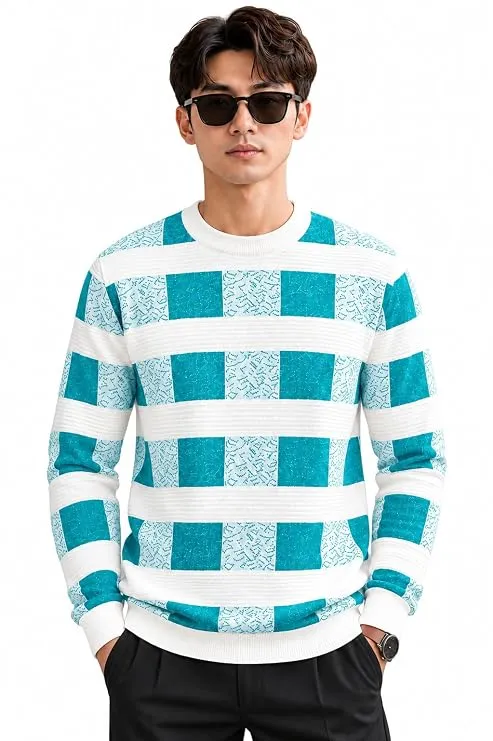 Men’s Wool Hair Yarn Checked Crew Neck Full Sleeve Sweater
