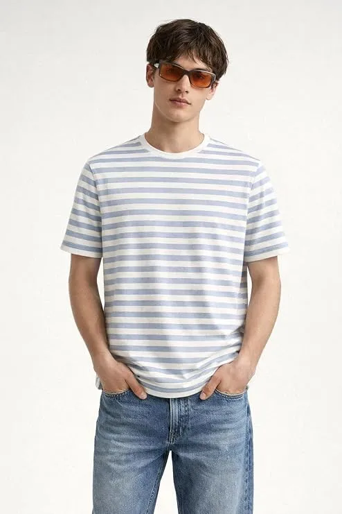 Men’s Pink & White Striped Cotton T-Shirt – Oversized Crew Neck Half Sleeve