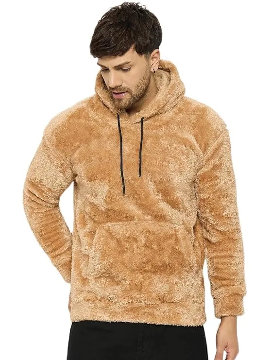 Men’s Wool Full Sleeve Hooded Hoodie – Casual Winter Wear, Beige