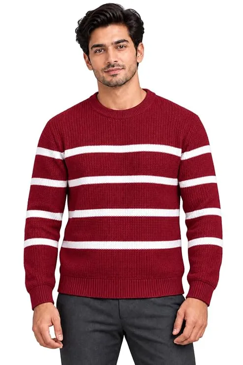 Men’s Soft Hair Yarn Wool Blend Striped Crew Neck Sweater