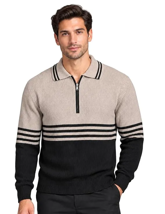 Men’s Hair Yarn Wool Blend Quarter Zip Polo Collar Striped Sweater