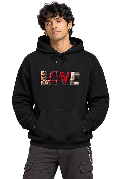 Men’s Plaid & Animal Print Love Graphic Cotton Fleece Hoodie