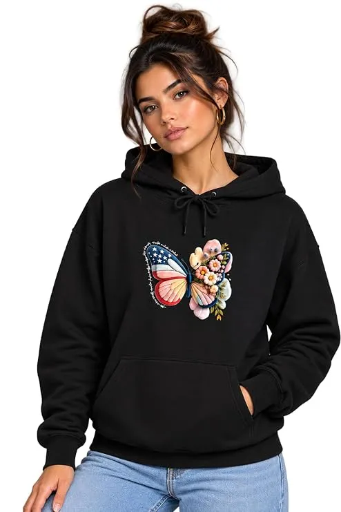Women’s Butterfly Patch Print Cotton Fleece Hoodie