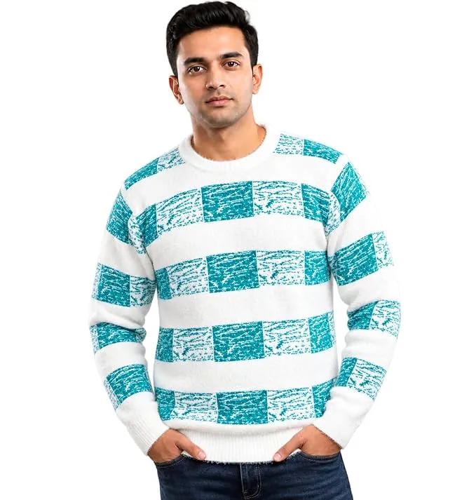 Men’s Wool Hair Yarn Checked Crew Neck Sweater