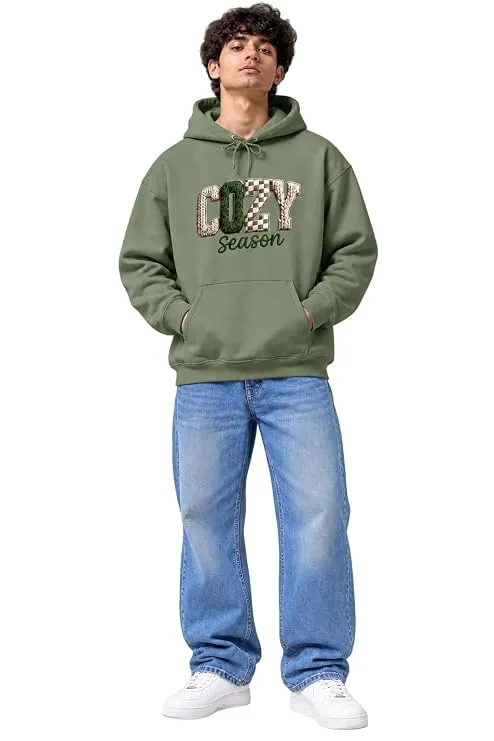 Men’s Cozy Season Applique Printed Cotton Fleece Hoodie