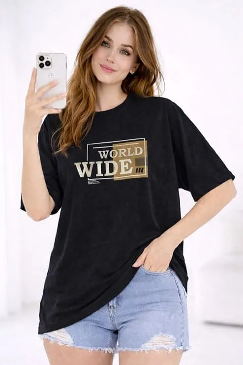 Women’s Oversized “WORLD WIDE” Graphic Cotton T-Shirt