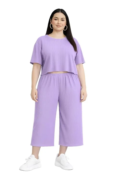 Women’s Ribbed Knit Cotton Blend Co-ord Set with Wide Leg Cropped Pants