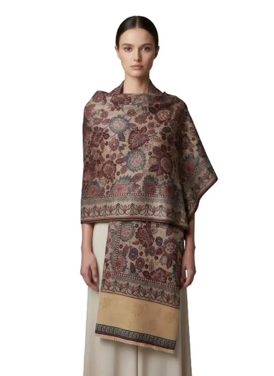 Women’s Semi Pashmina Multicolour Floral Beige Winter Shawl
