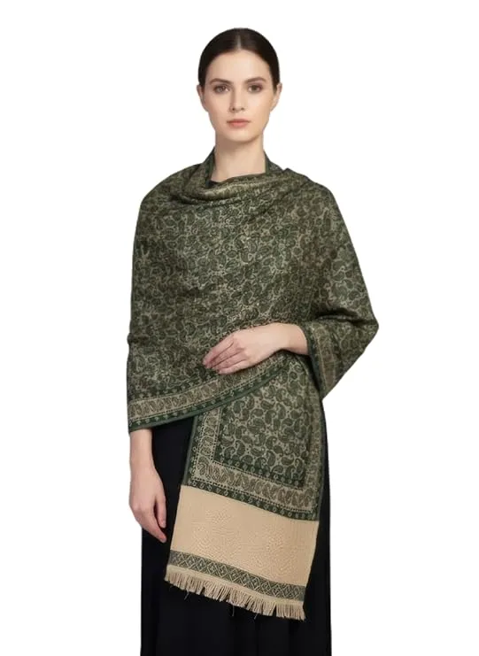 Women’s Green Viscose Wool-Feel Embroidered Shawl with Tassel Work