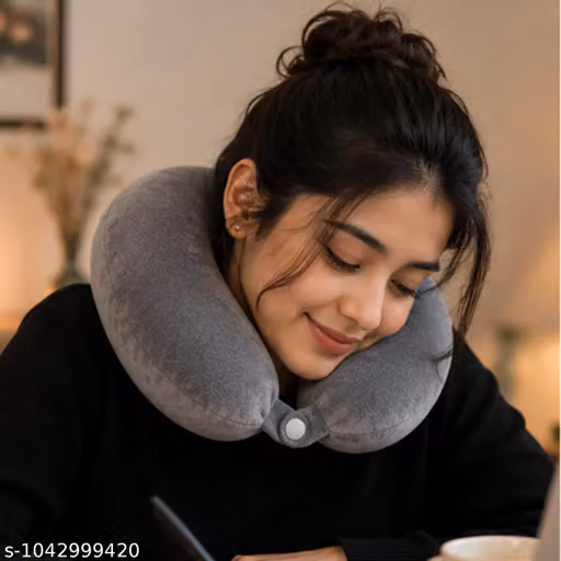 Grey Neck Travel Pillow with Button Closure & Fiber Filling