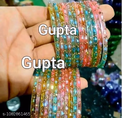 Glass Bangles with Zircon Gemstone & Bead Detailing Glossy Chudi Set