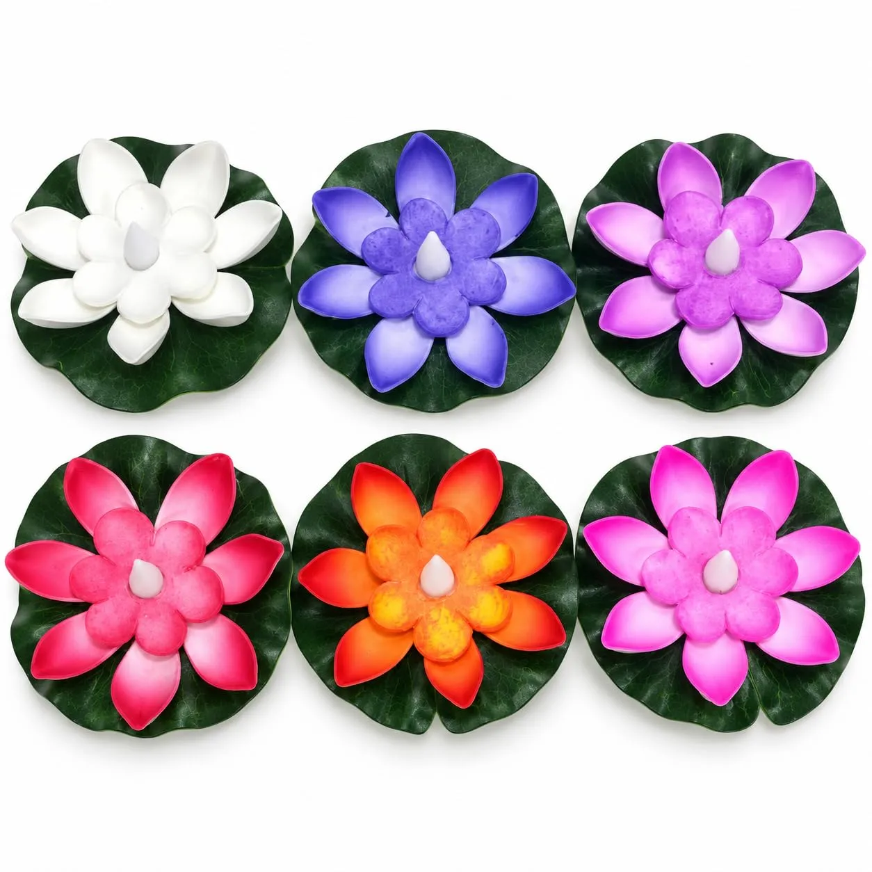 Multicolor Lotus LED Floating Candle Lights with Green Leaf Base Pack of 6