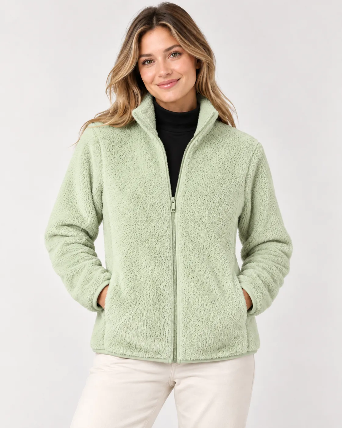 Women’s Green Fur Fleece Jacket – Regular Fit High Neck Zip Winter Coat