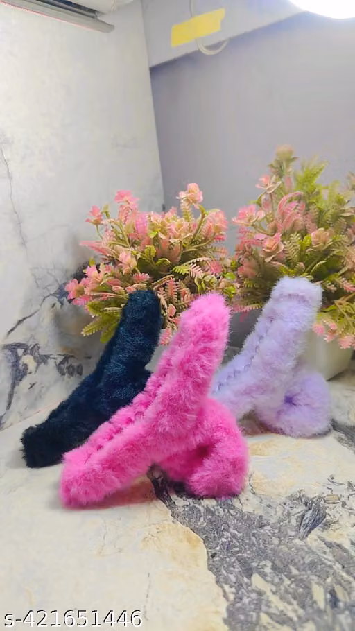 Soft Fur S-Curve Hair Claw Clips Set of 3 for Women & Girls