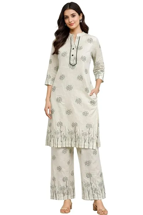 Women’s Floral Printed Kurta Pant Set Beige Straight Kurti with Matching Pants