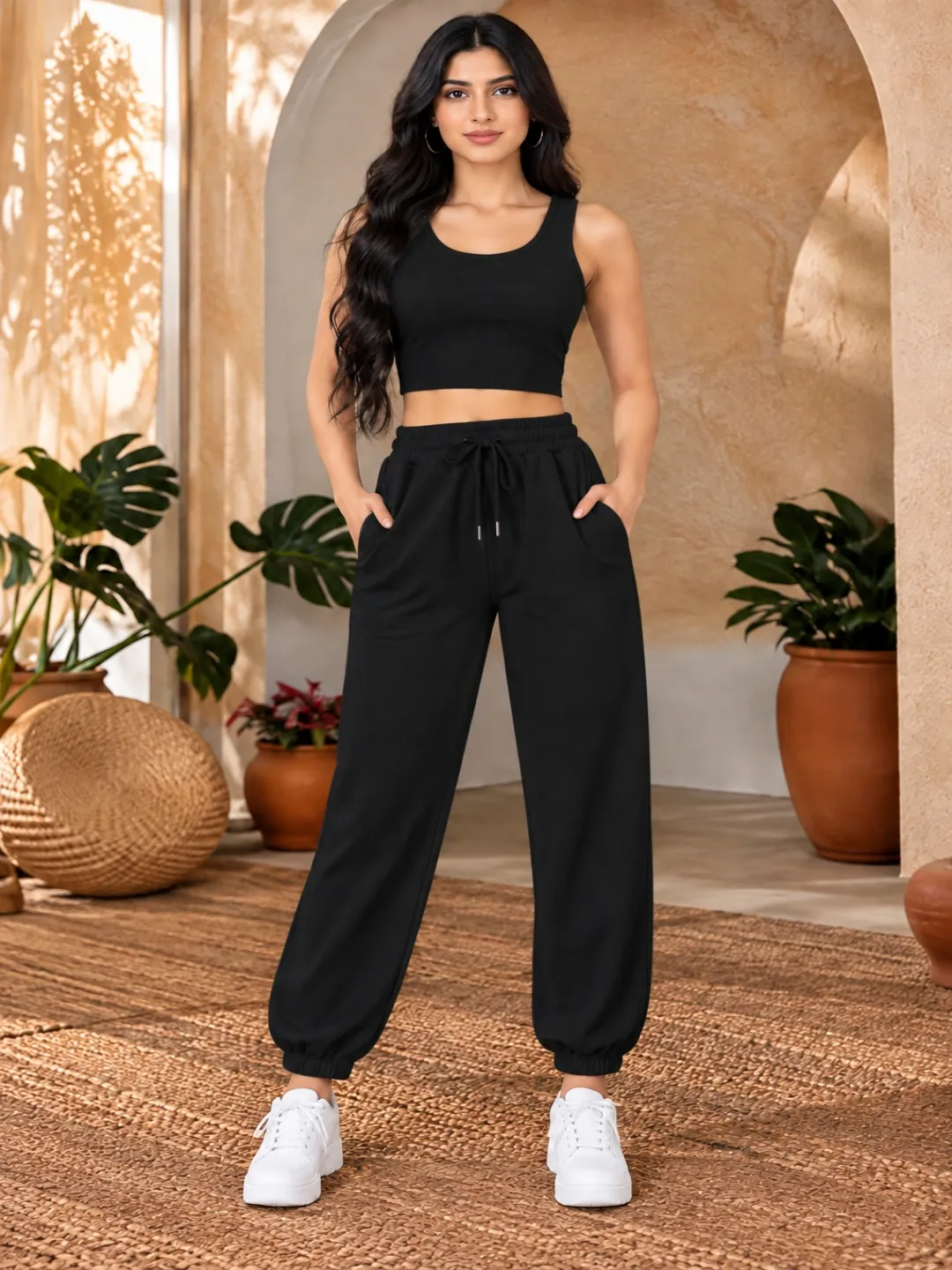 Women’s Black Sleeveless Crop Top Jogger Co-ord Set with Pockets