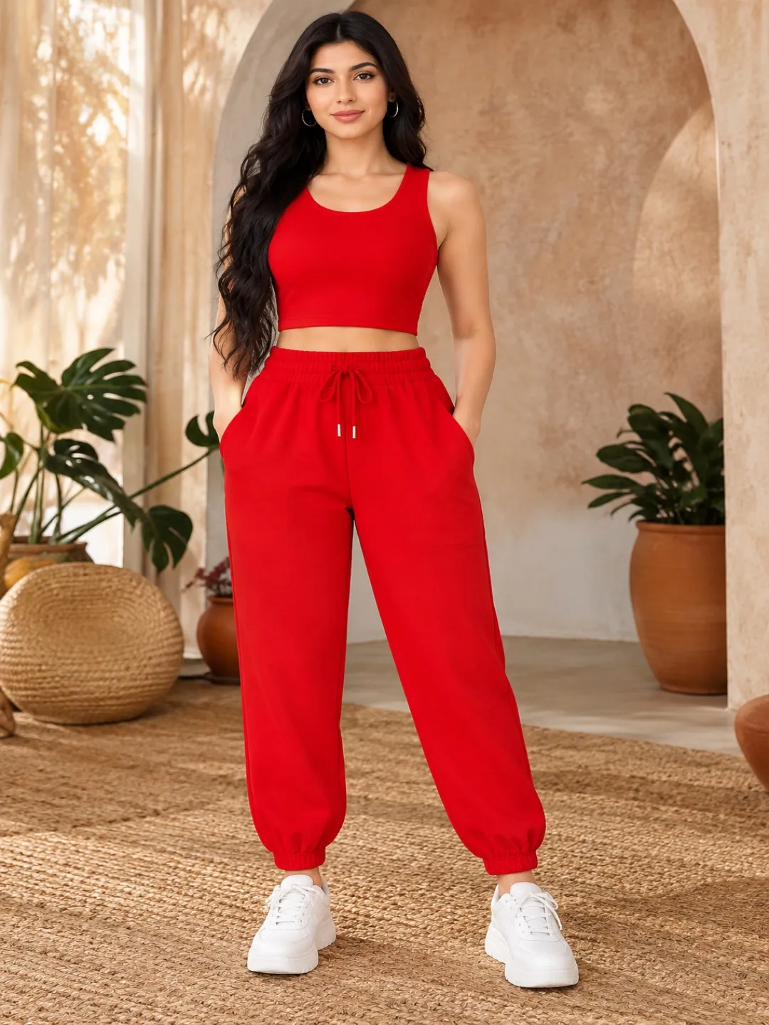 Women’s Red Sleeveless Crop Top Jogger Co-ord Set with Pockets
