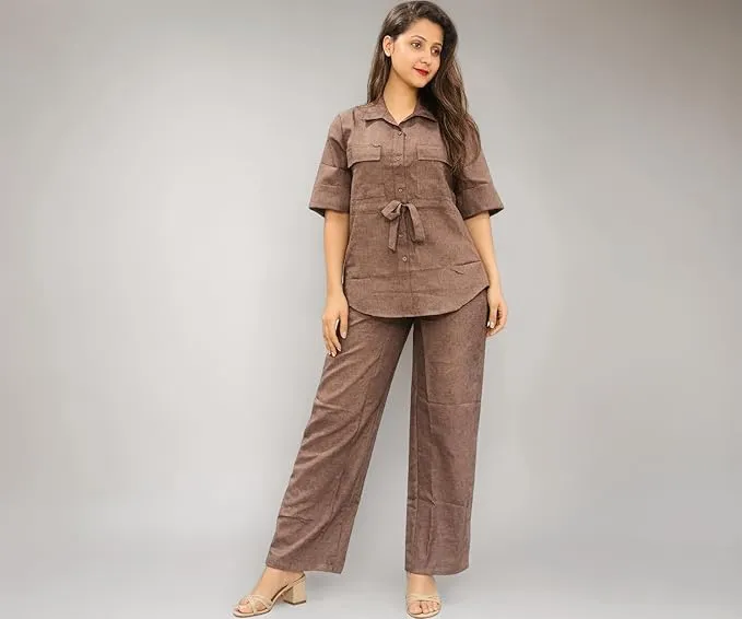 Women’s Linen Blend Button Down Shirt Straight Pants Co-ord Set