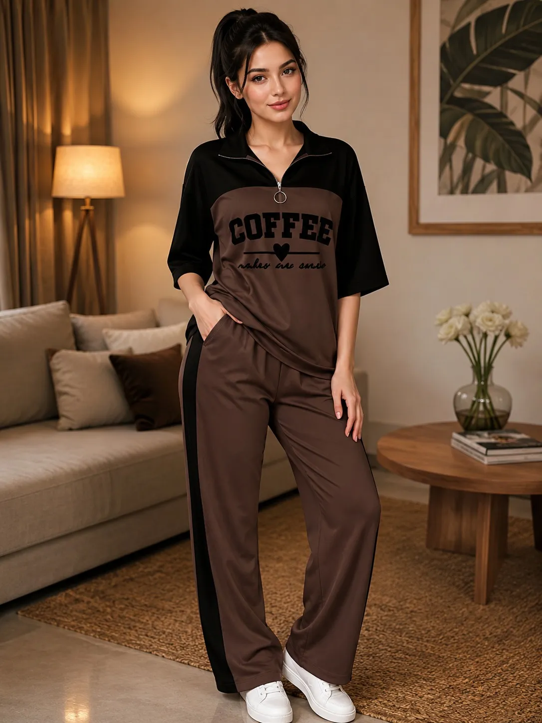 Women’s Coffee Graphic Half Zip Top Wide Leg Lounge Pants Set
