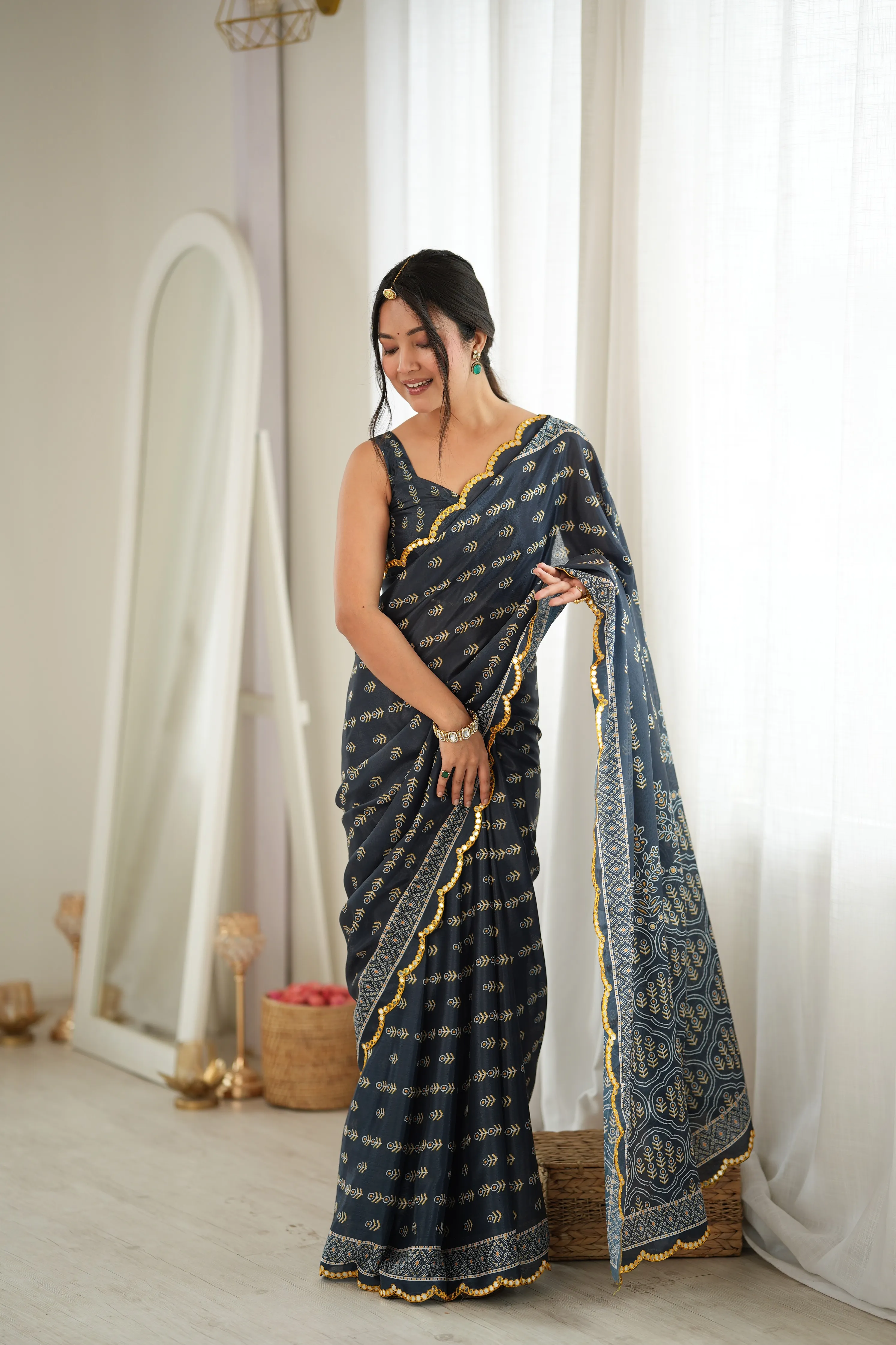 Panjari Grey Digital Print Chinon Saree with Golden Scalloped Border