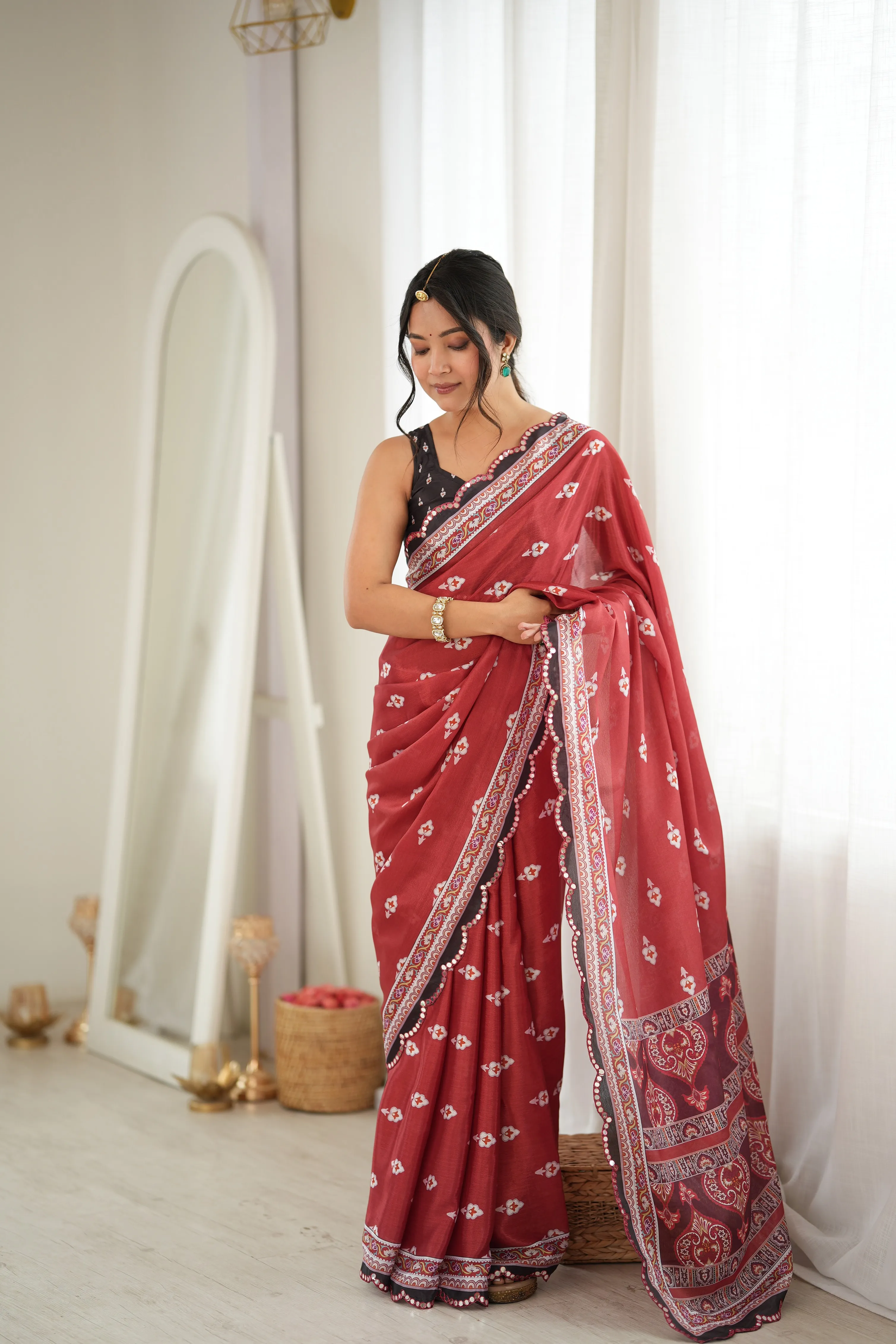 Panjari Rust Red Floral Chinon Saree with Intricate Border Detailing