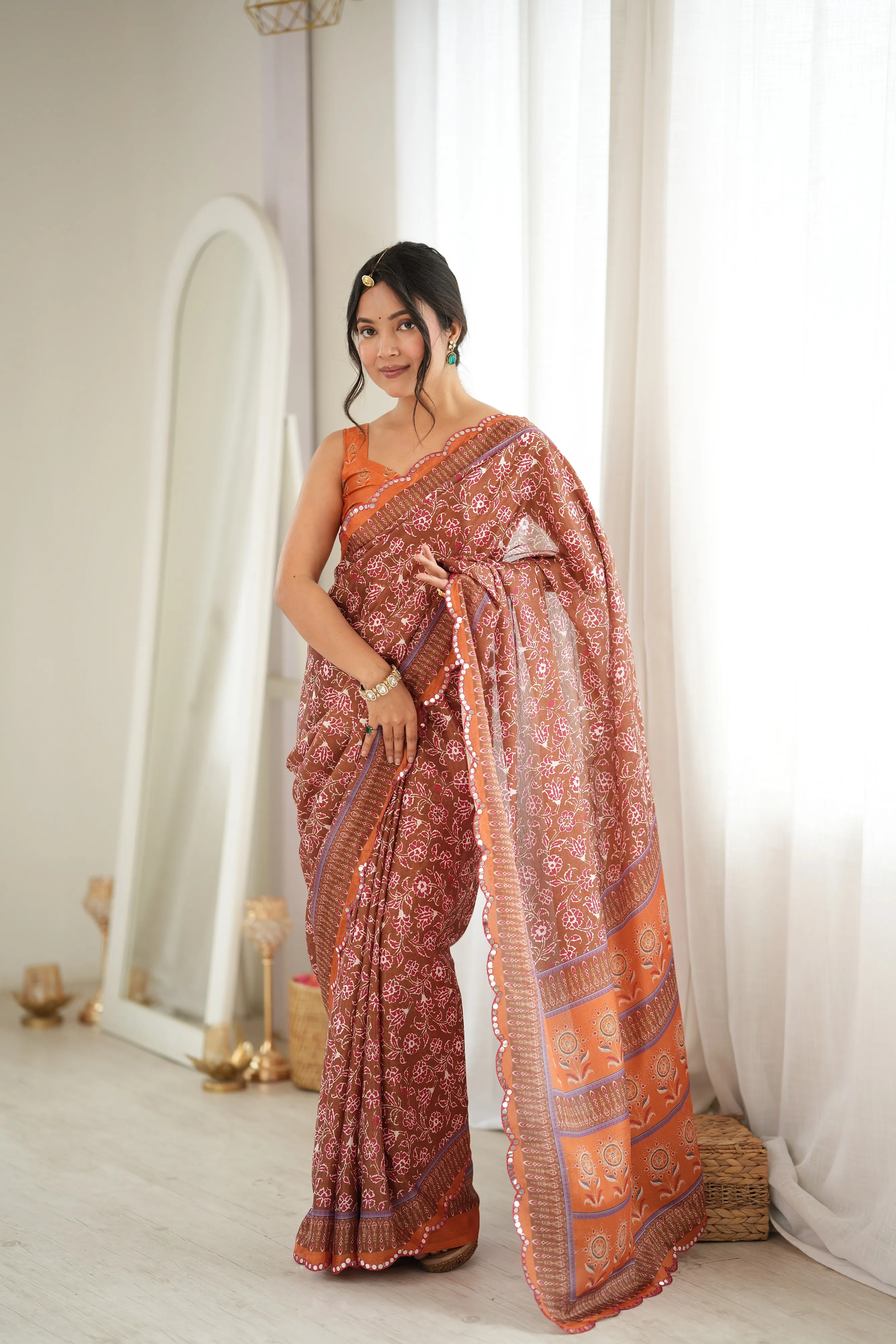 Panjari Orange Floral Digital Print Chinon Saree with Scalloped Border