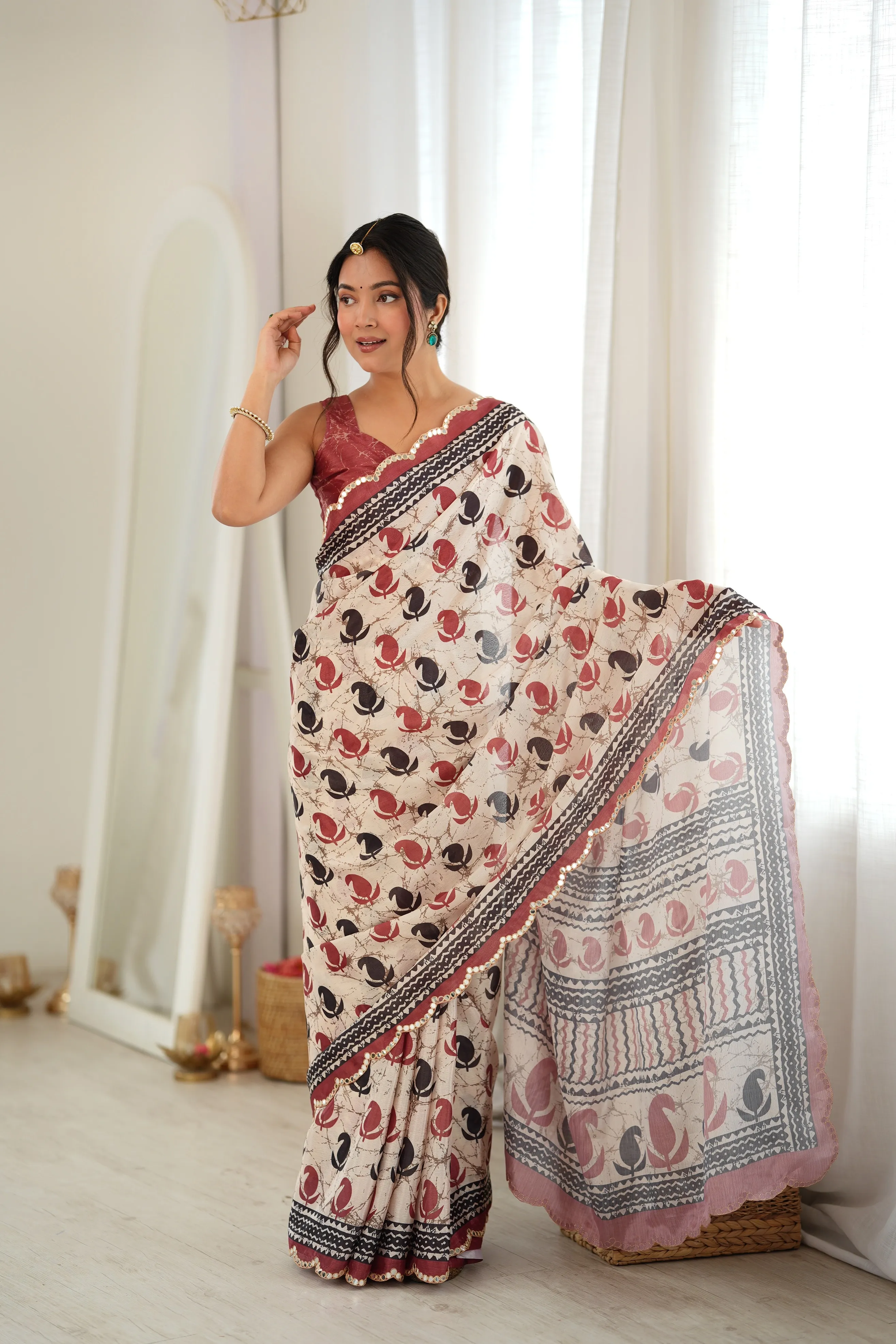 Panjari Off White with Burgundy Teardrop Motifs Chinon Saree with Scalloped Embellished Border