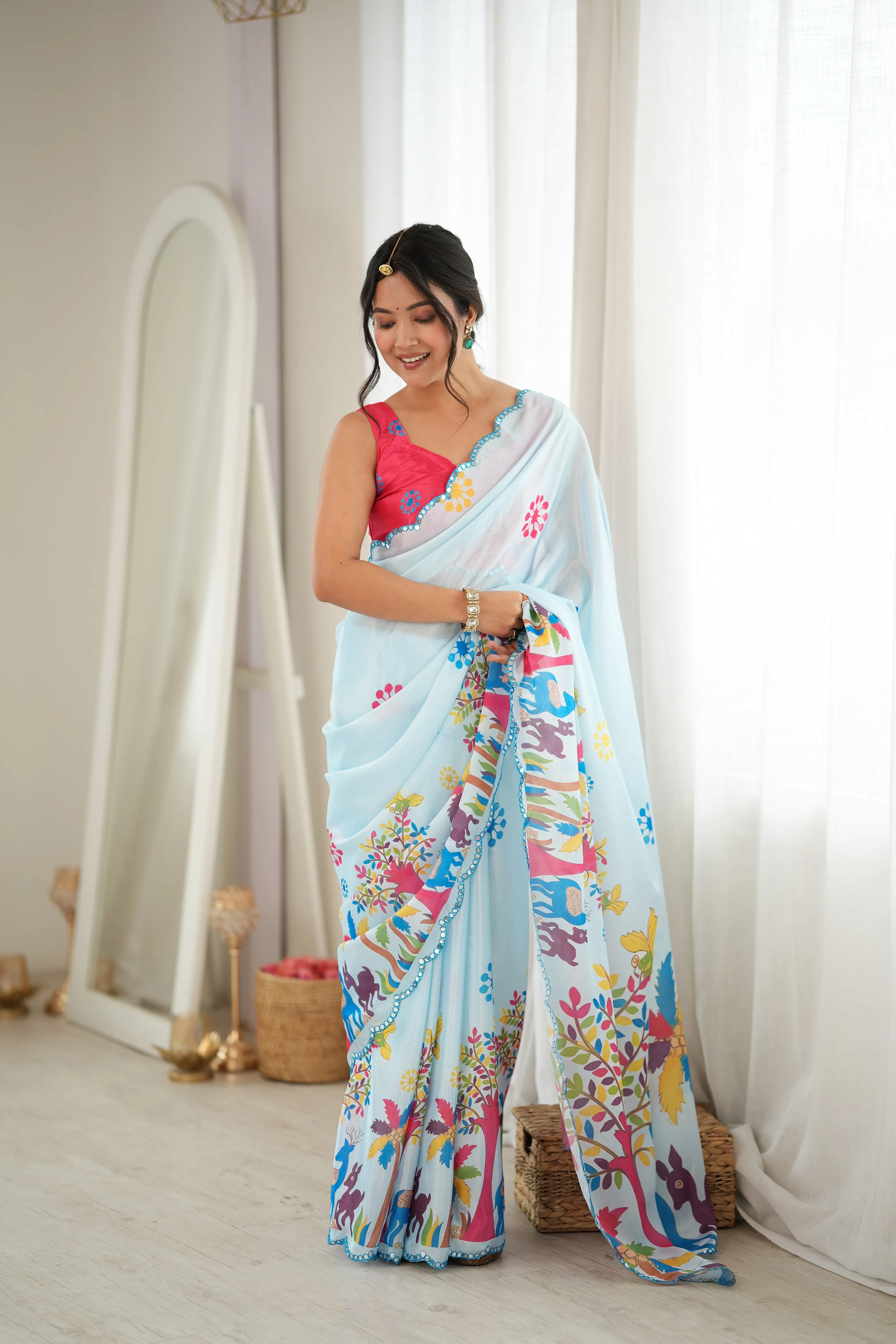 Panjari Sky Blue Floral Chiffon Saree with Fancy Border