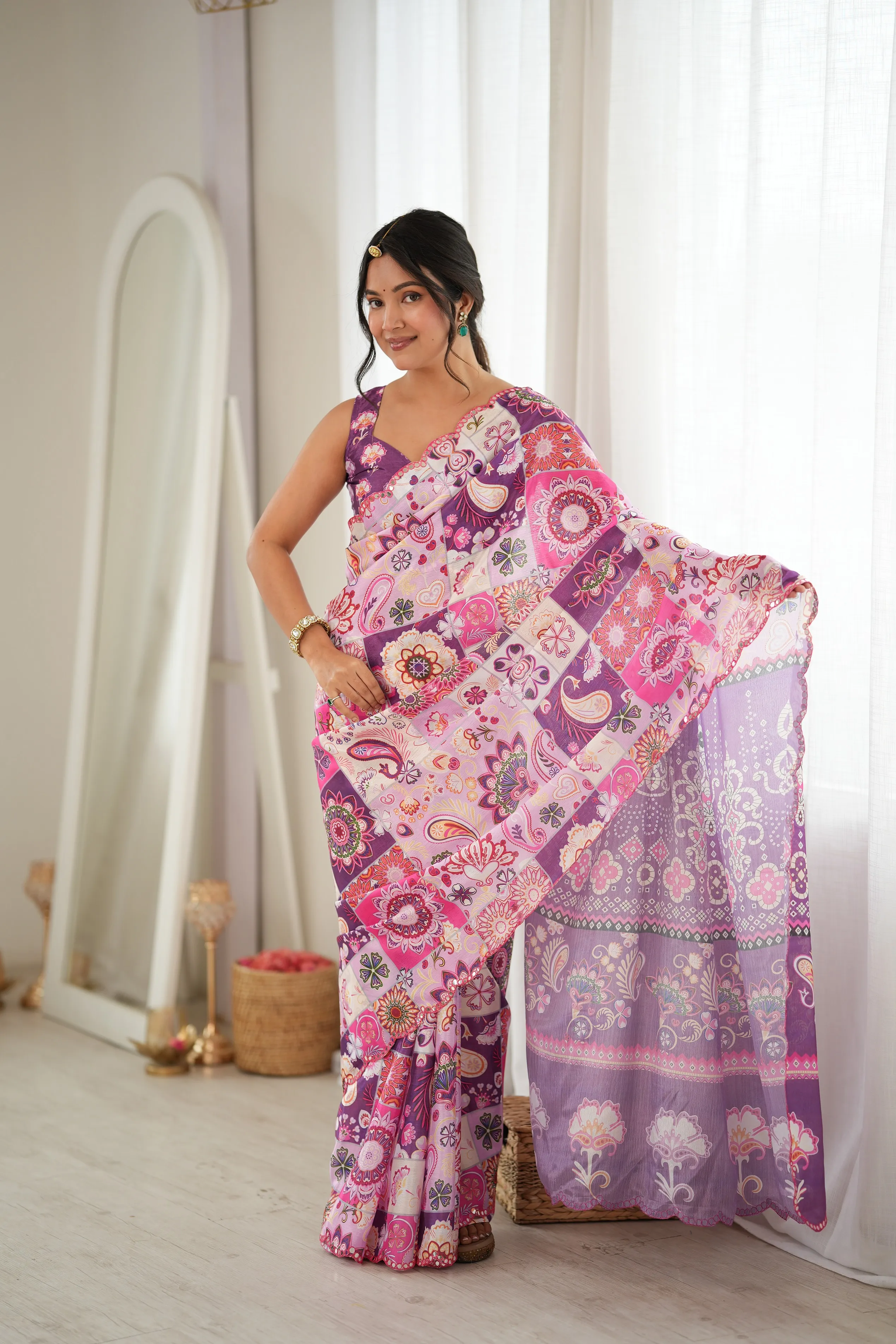 Panjari Fuchsia & Purple Digital Print Chiffon Saree with Ornate Paisley Motifs