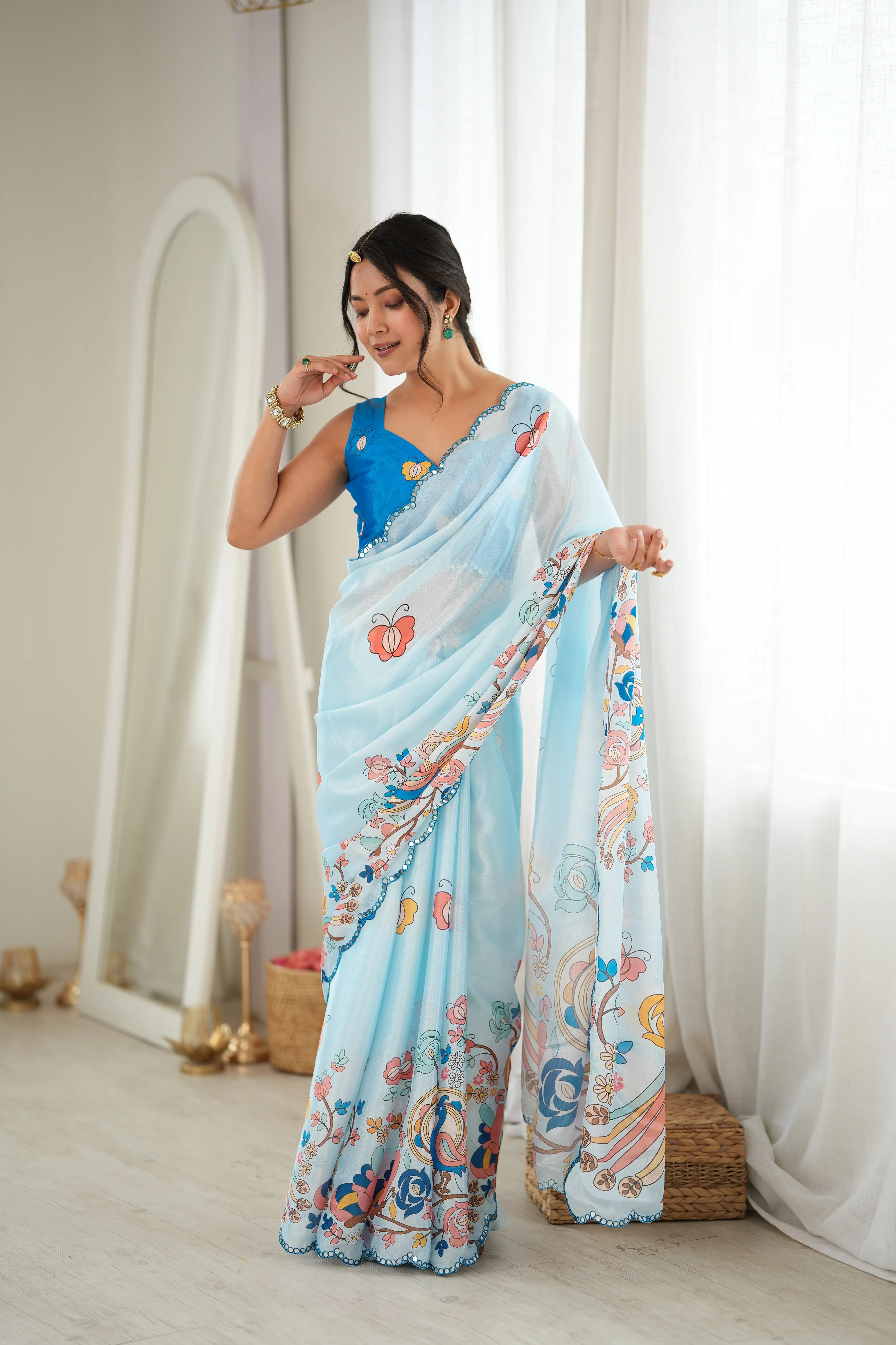 Panjari Sky Blue Floral Digital Printed Chinon Saree with Scalloped Border
