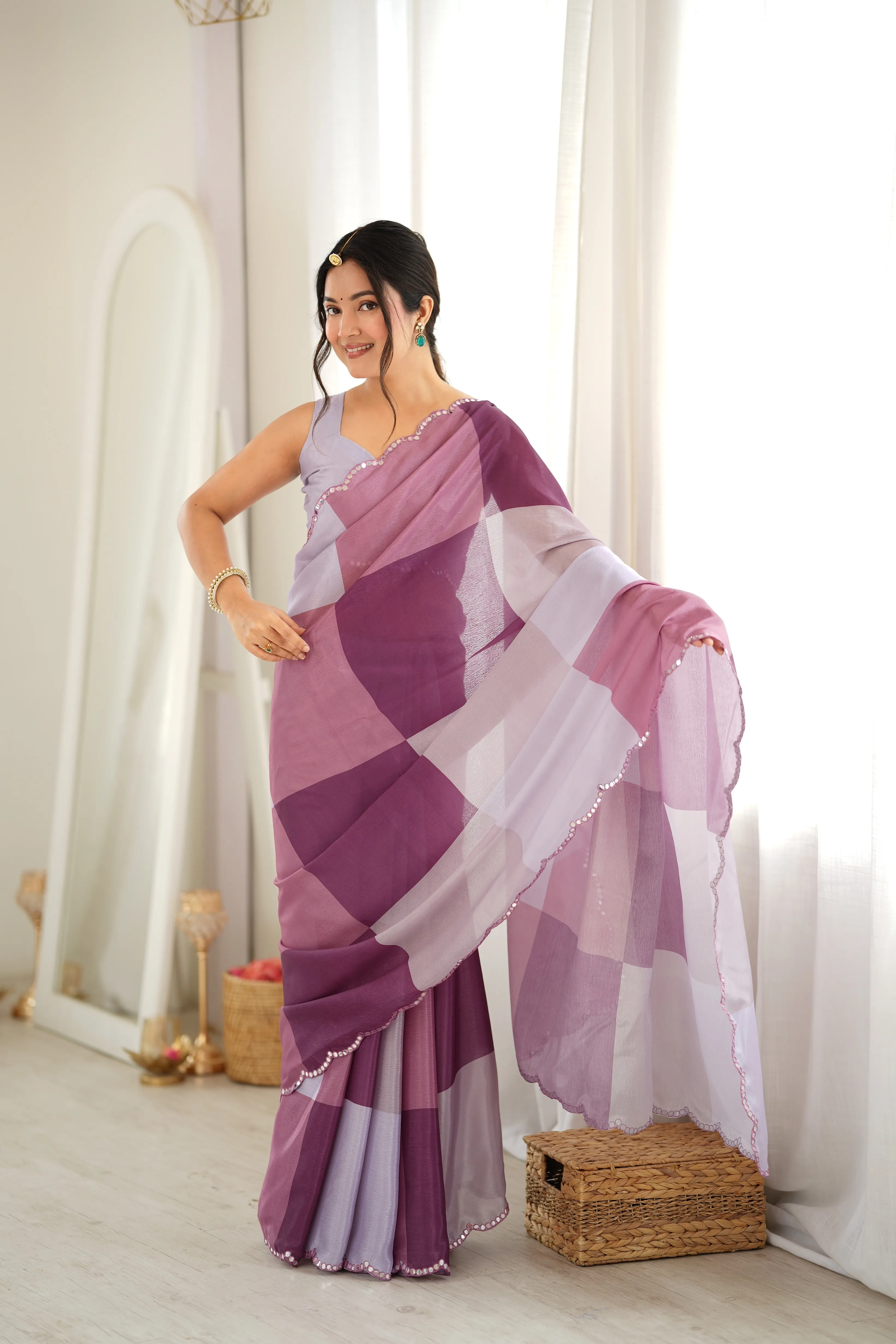 Panjari Purple Digital Print Chiffon Saree with Scalloped Pearl Border