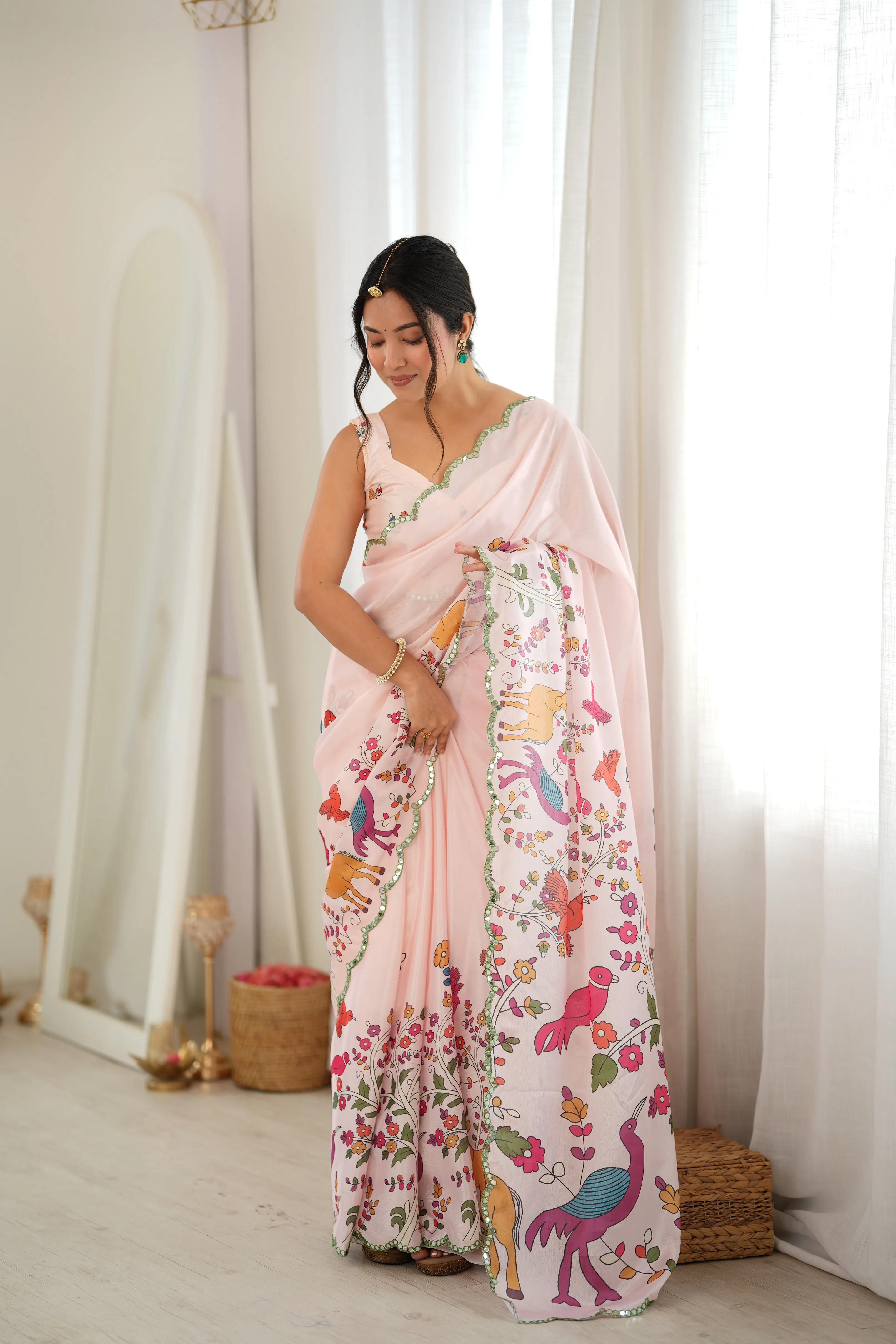 Panjari Cream  Digital Print Chinon Saree with Mirror Work