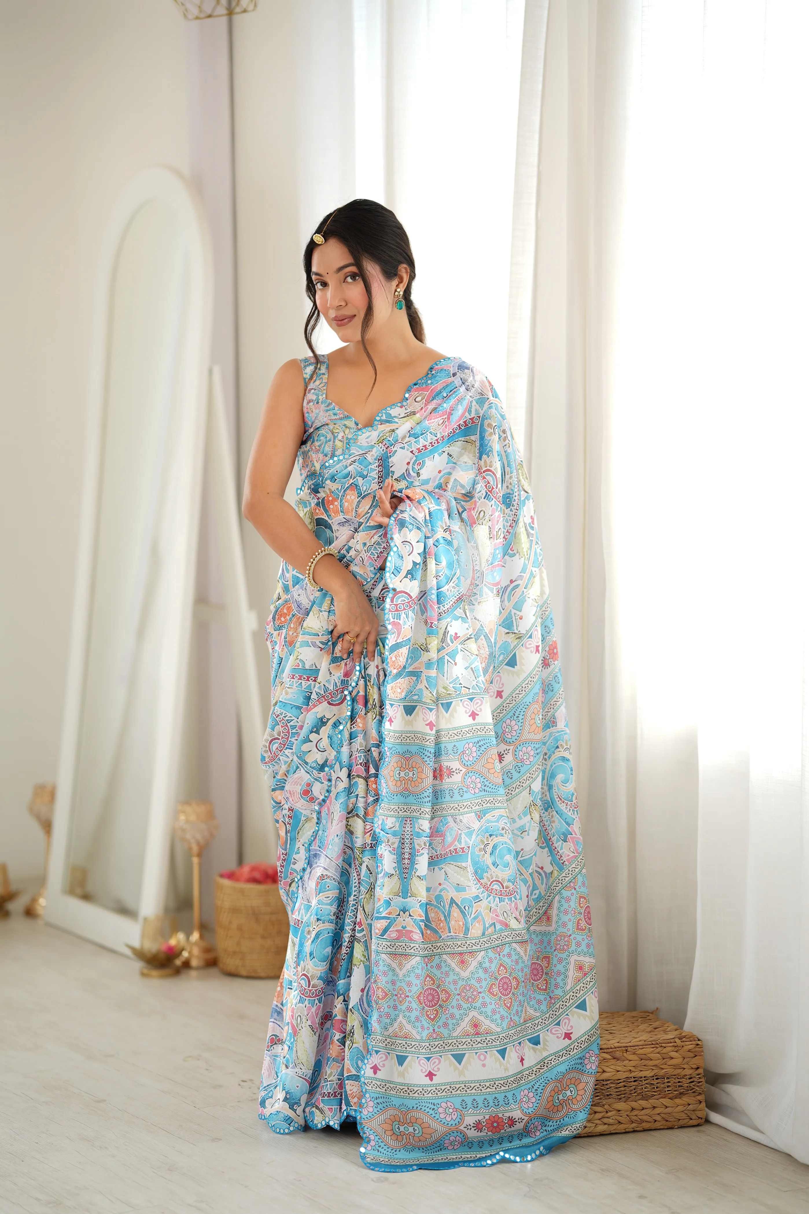 Panjari Sea Green Kalamkari Digital Print Chinon Saree with Pom-Pom Hem