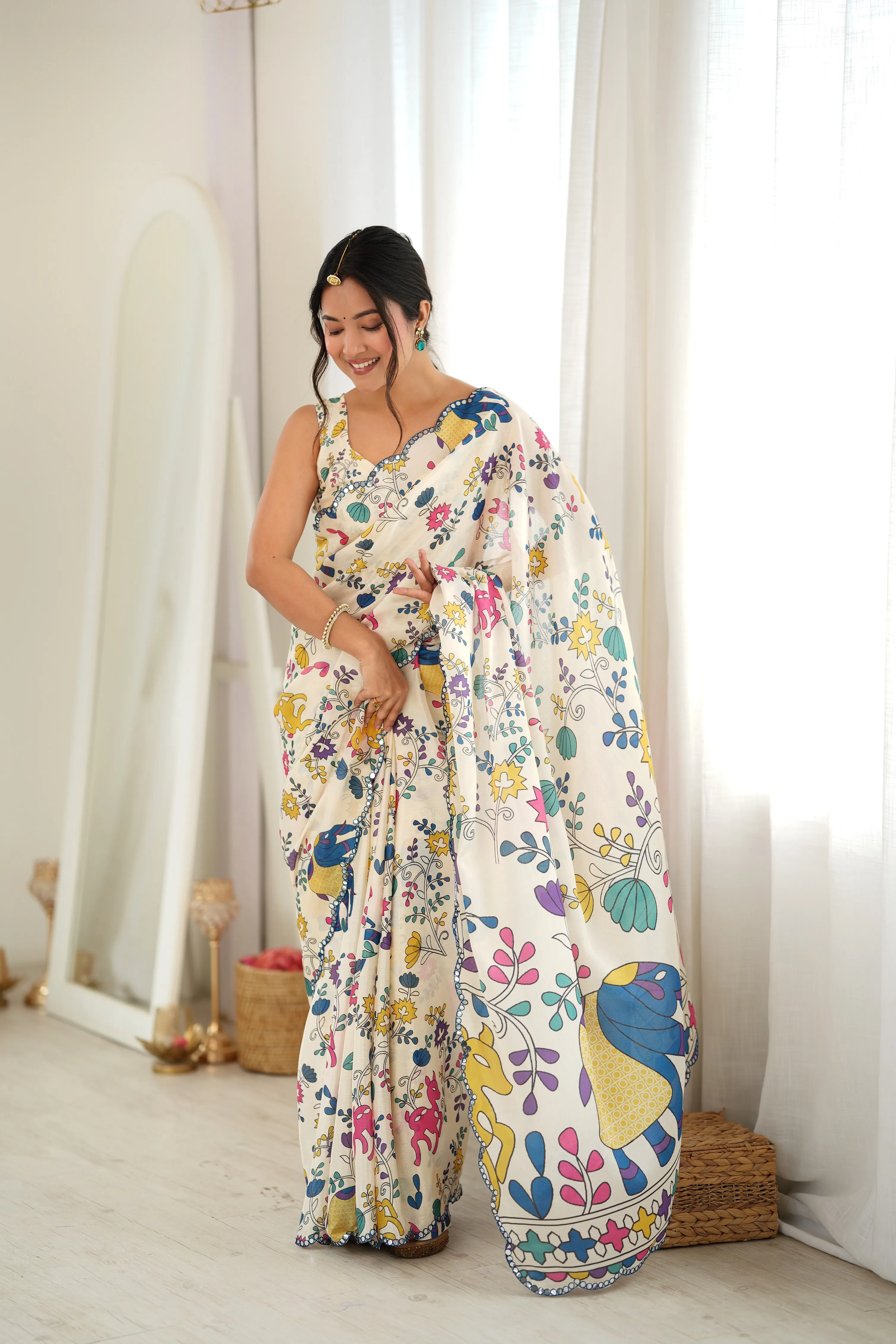 Panjari Ivory Digital Printed Kalamkari Chinon Saree with Folk-Art Motifs