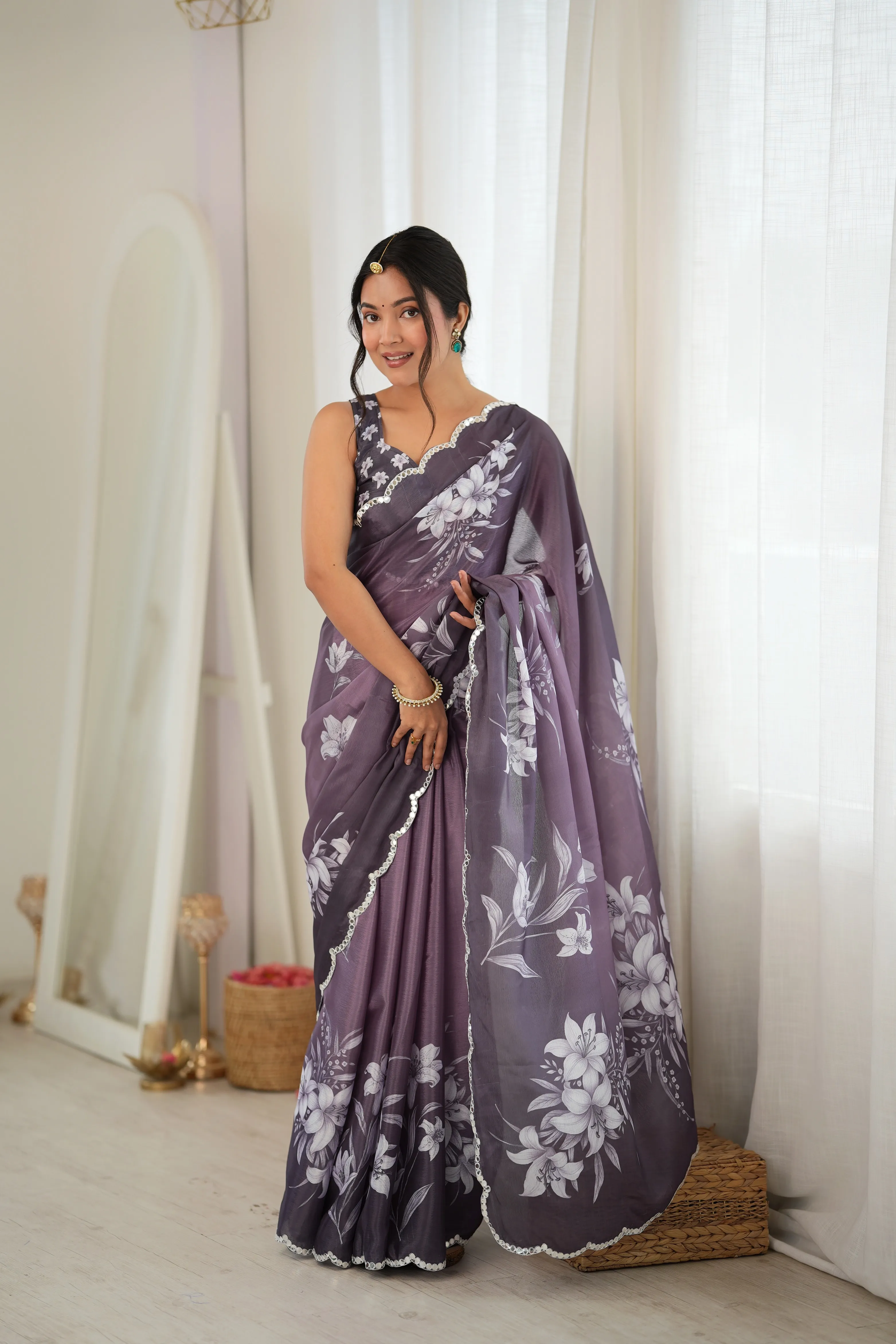 Panjari Charcoal to Mauve Ombre Floral Print Chinon Saree with Scalloped Embellished Border