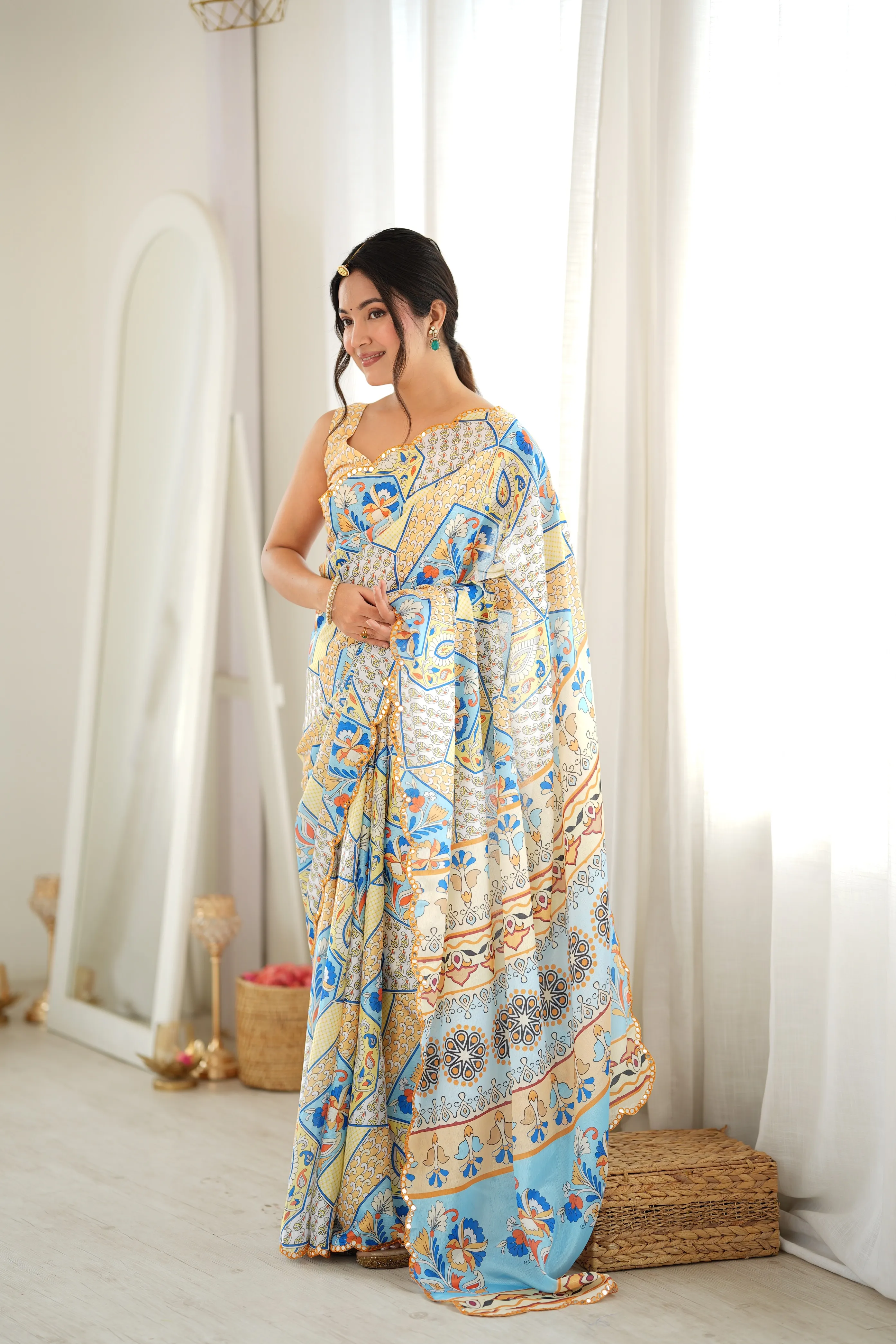 Panjari Off White Digital Print Geometric Chinon Saree with Tassel Detailing