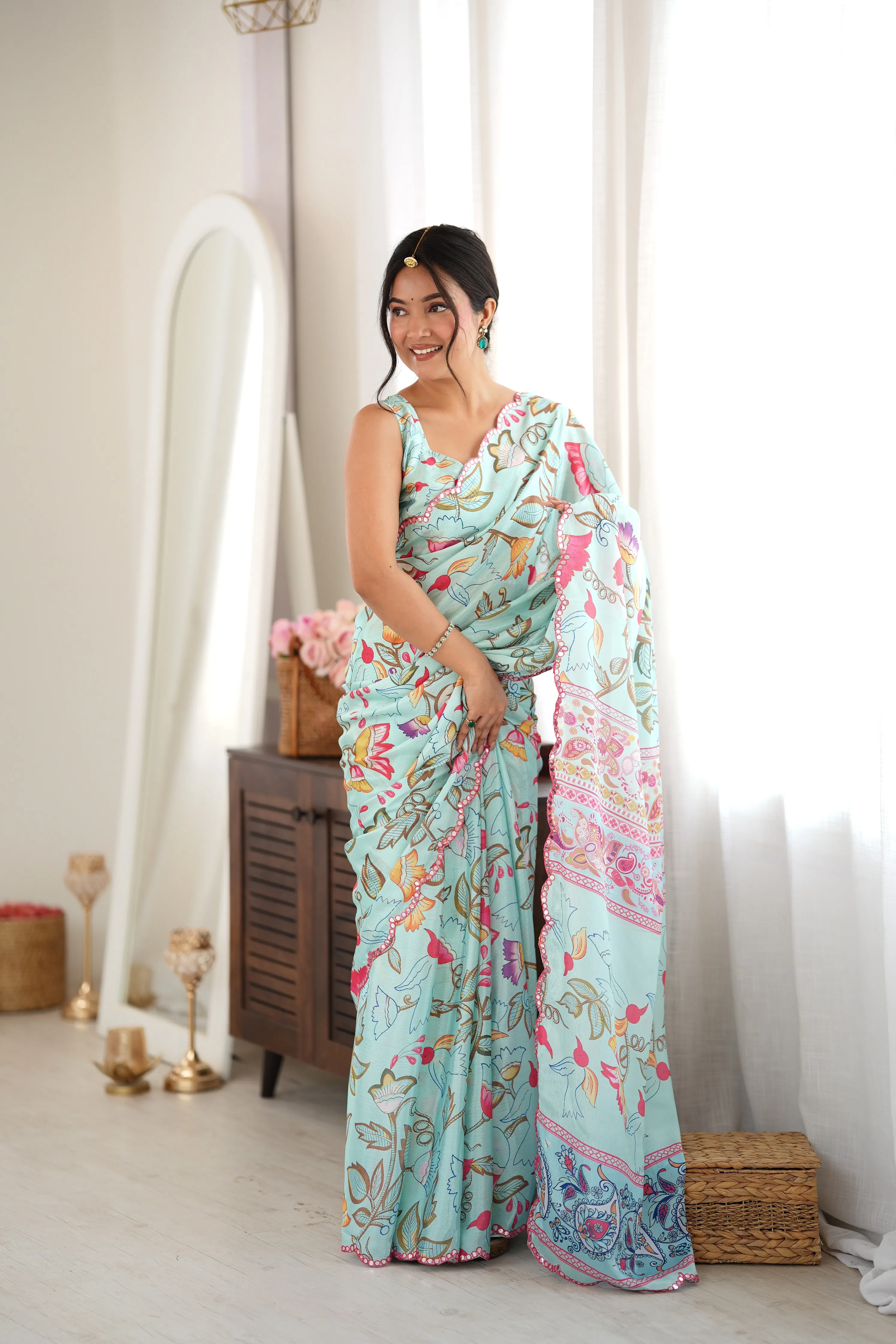 Panjari Aqua Floral Printed Chinon Saree with Scalloped Beaded Border