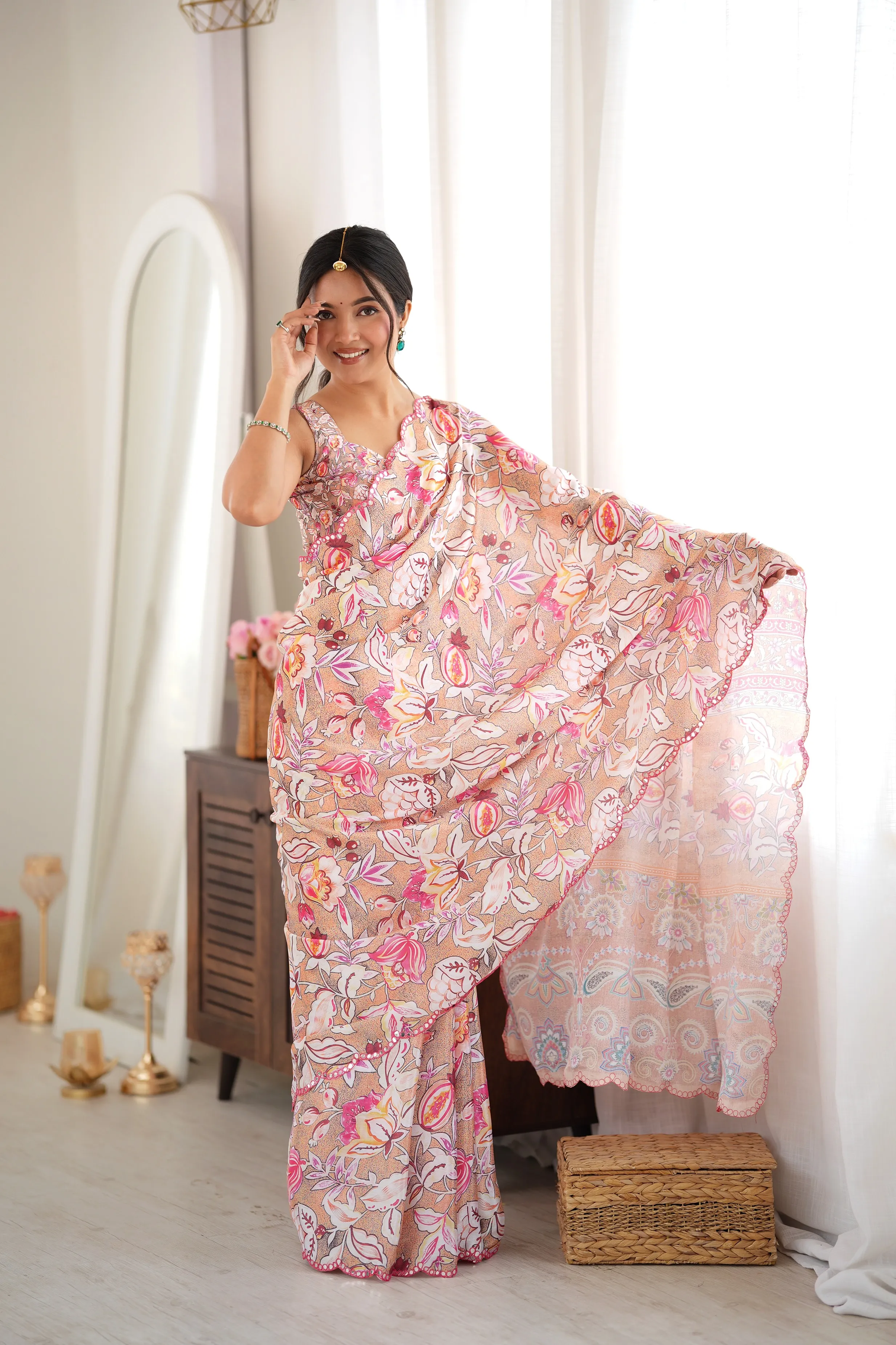 Panjari Peach Floral Print Chinon Saree with Scalloped Border