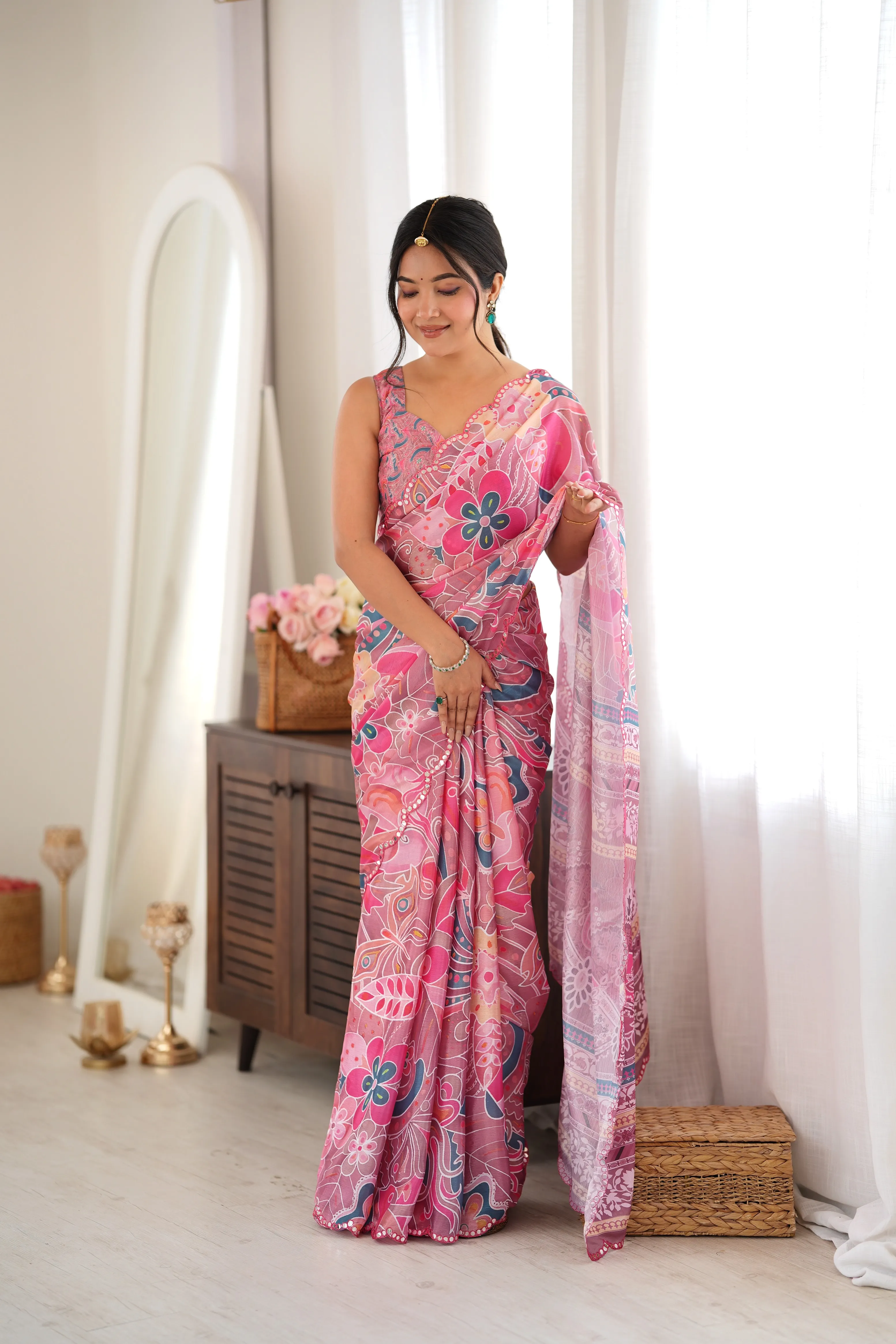 Panjari Fuchsia Abstract Floral Chinon Saree with Pearl Embellishments
