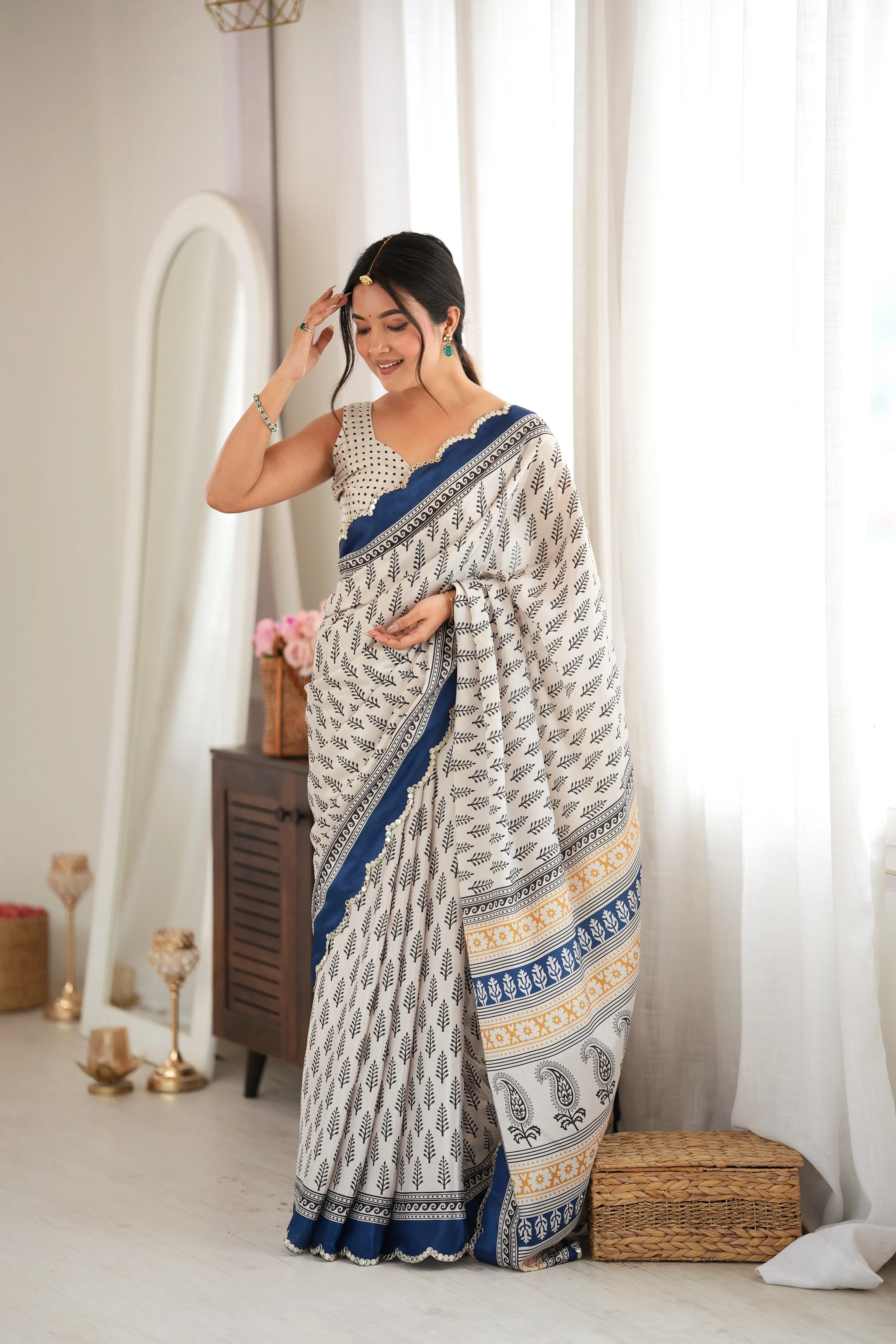 Panjari Blue Leaf Print Chinon Saree with Scalloped Navy Border